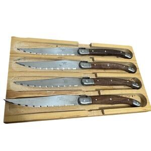 Vintage? Laguiole Stainless Steel Steak Knives Wood Handle Set Of 4 w/ Wood Box